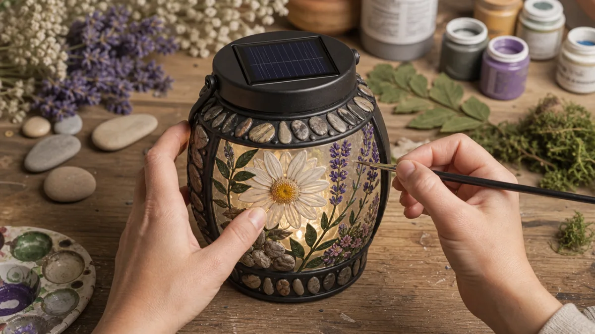 close-up of hands crafting a decorative solar lantern on a wooden craft…