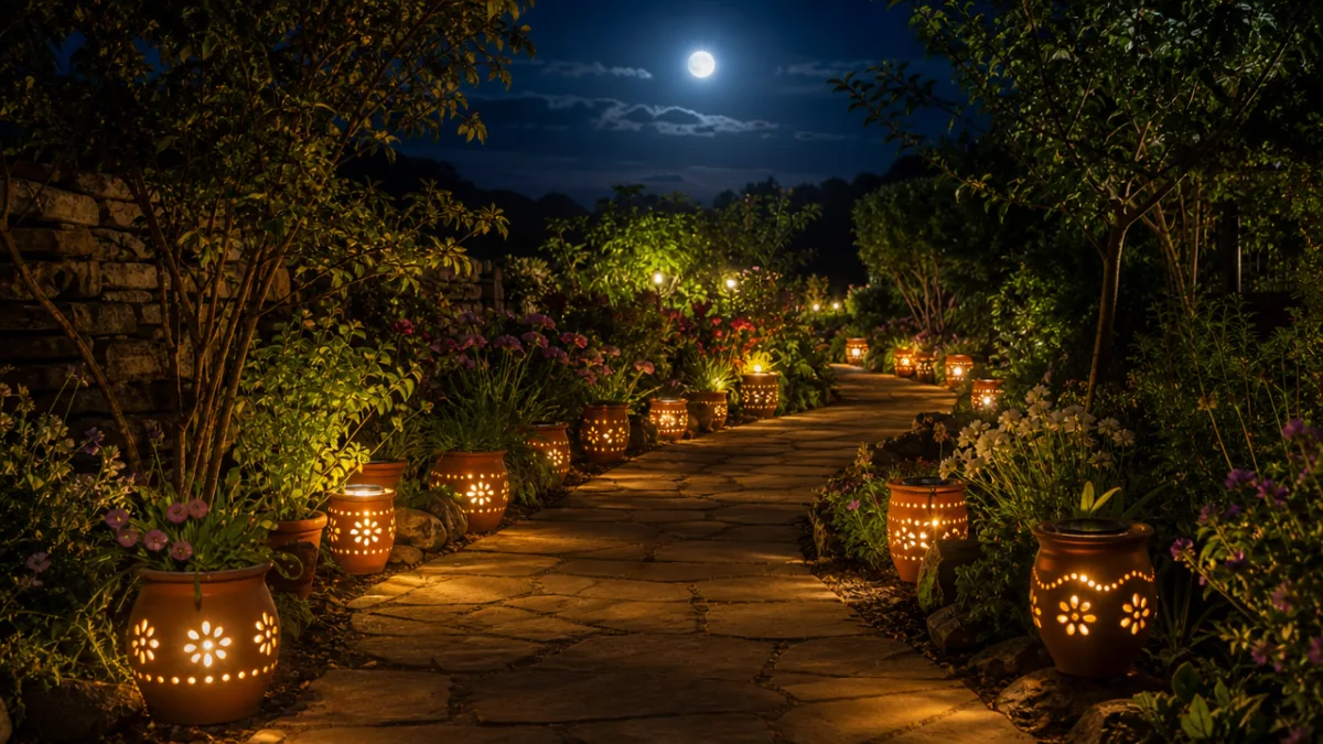 a beautifully arranged outdoor garden pathway at night lined with glowing handmade…