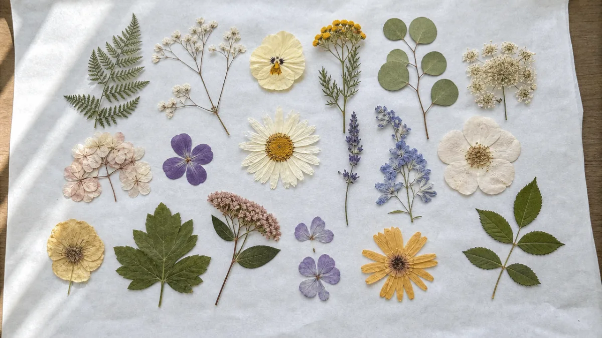a flat lay of dried pressed flowers and leaves arranged on white…