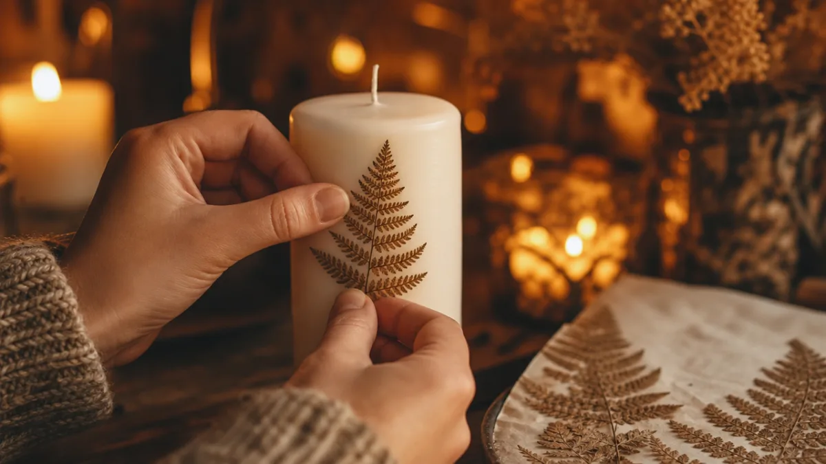 hands carefully pressing a dried fern frond onto a white pillar candle…