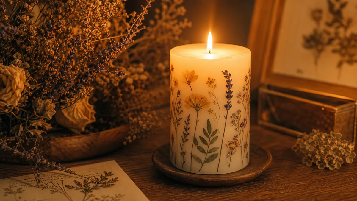 a finished pressed botanical pillar candle glowing warmly on a wooden table…