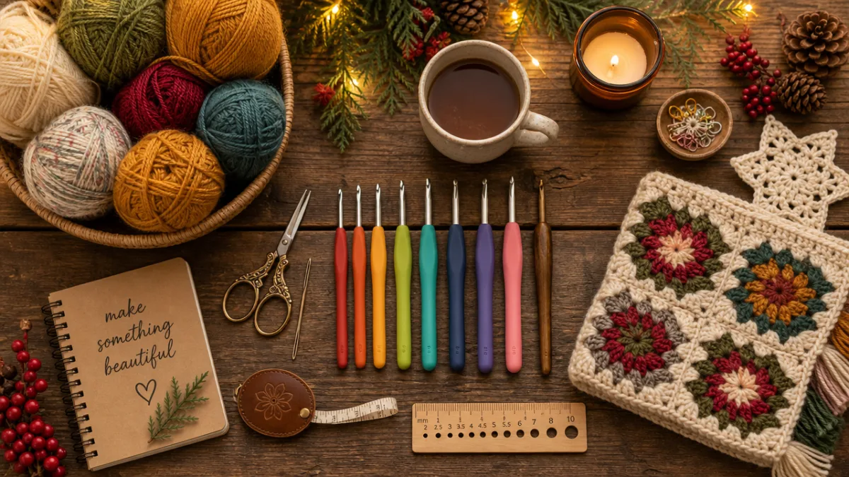 a neatly arranged flat lay of colorful crochet yarn, hooks, and crafting…
