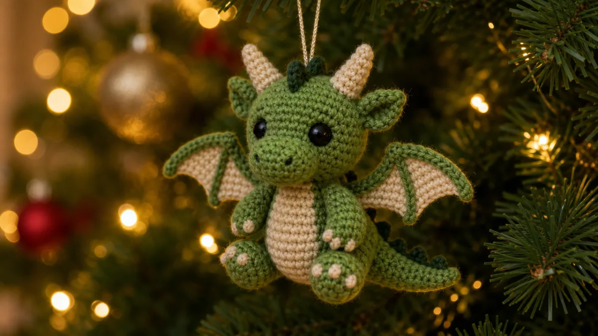 a charming handmade crochet dragon ornament hanging on a Christmas tree, soft…
