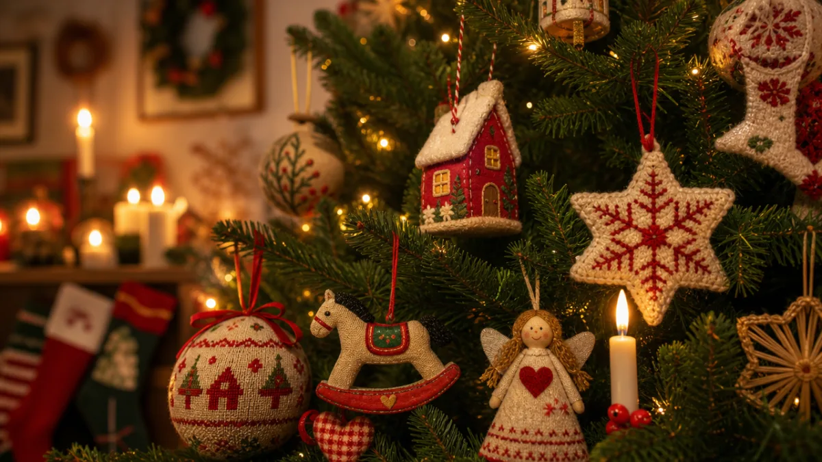 a beautifully decorated Christmas tree with handmade ornaments in close-up, featuring warm…