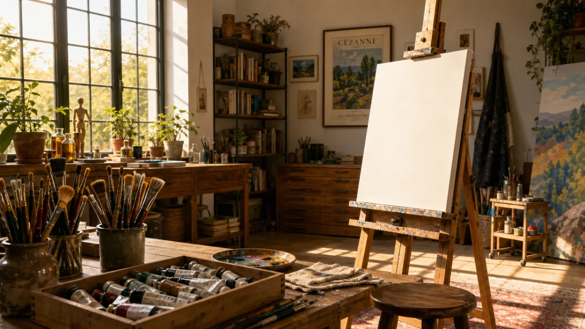 an organized artist's studio with brushes, paint tubes, and a prepared canvas…