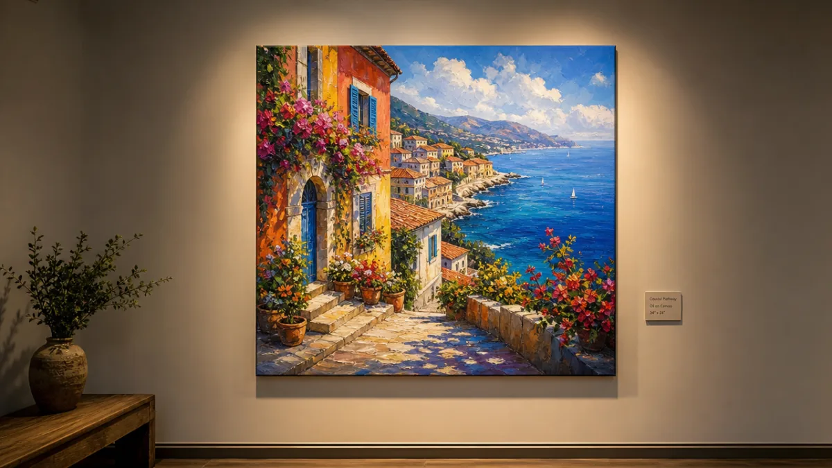 a finished colorful canvas painting displayed on a gallery wall with soft…