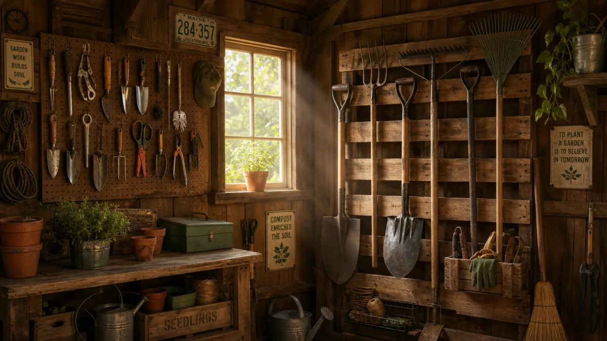 a rustic wooden shed wall with neatly organized garden tools hanging on…