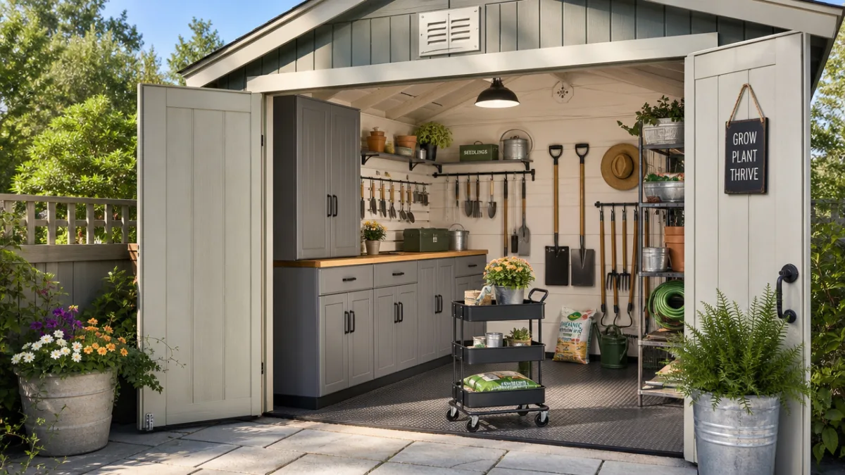 a neatly organized outdoor garden shed with weatherproof cabinets, hanging tools, and…