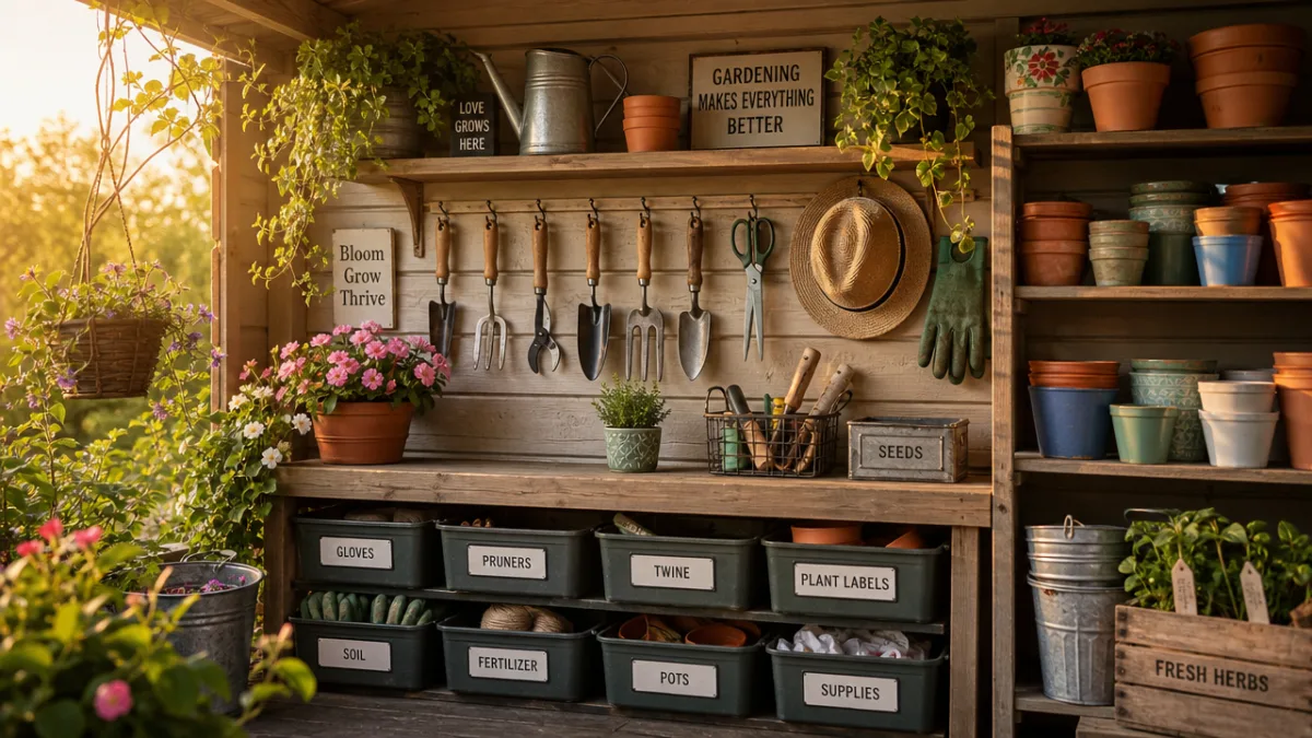 a beautifully organized garden tool collection with labeled bins, hanging hand tools,…