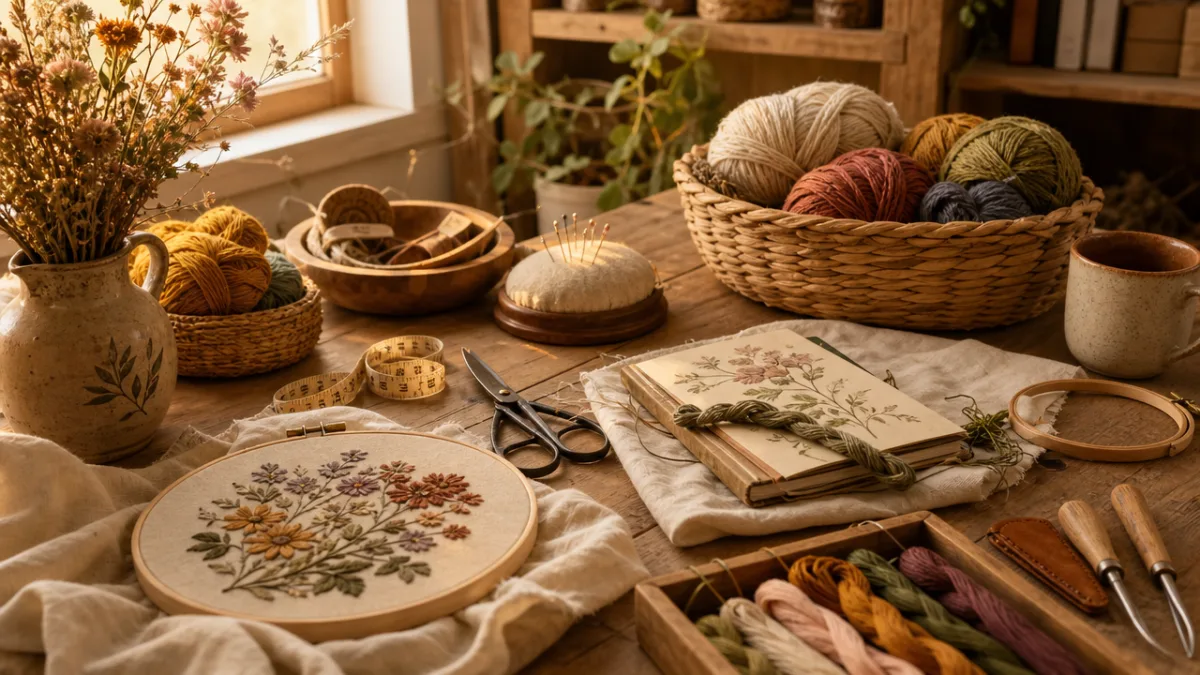 a warmly lit crafting table with yarn, embroidery hoops, and handmade tools…