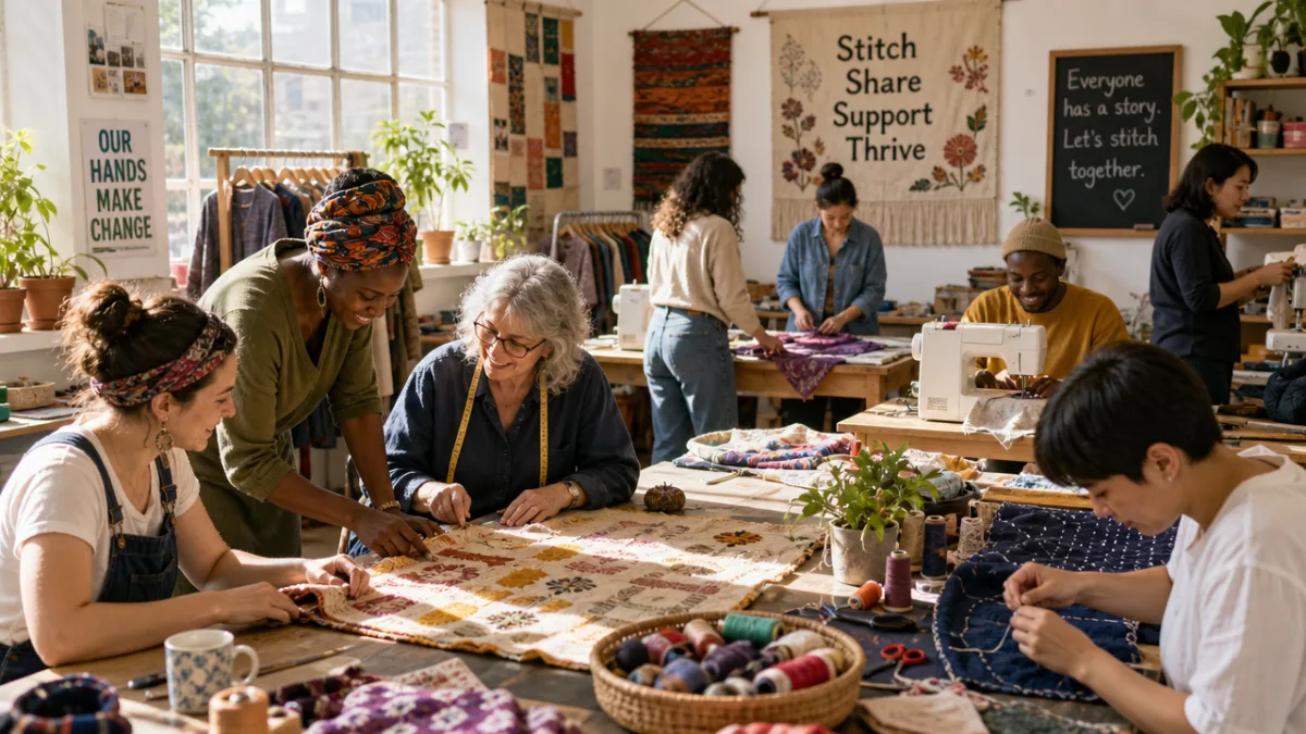 a sunlit community workshop with people collaborating on textile projects, vibrant fabrics…