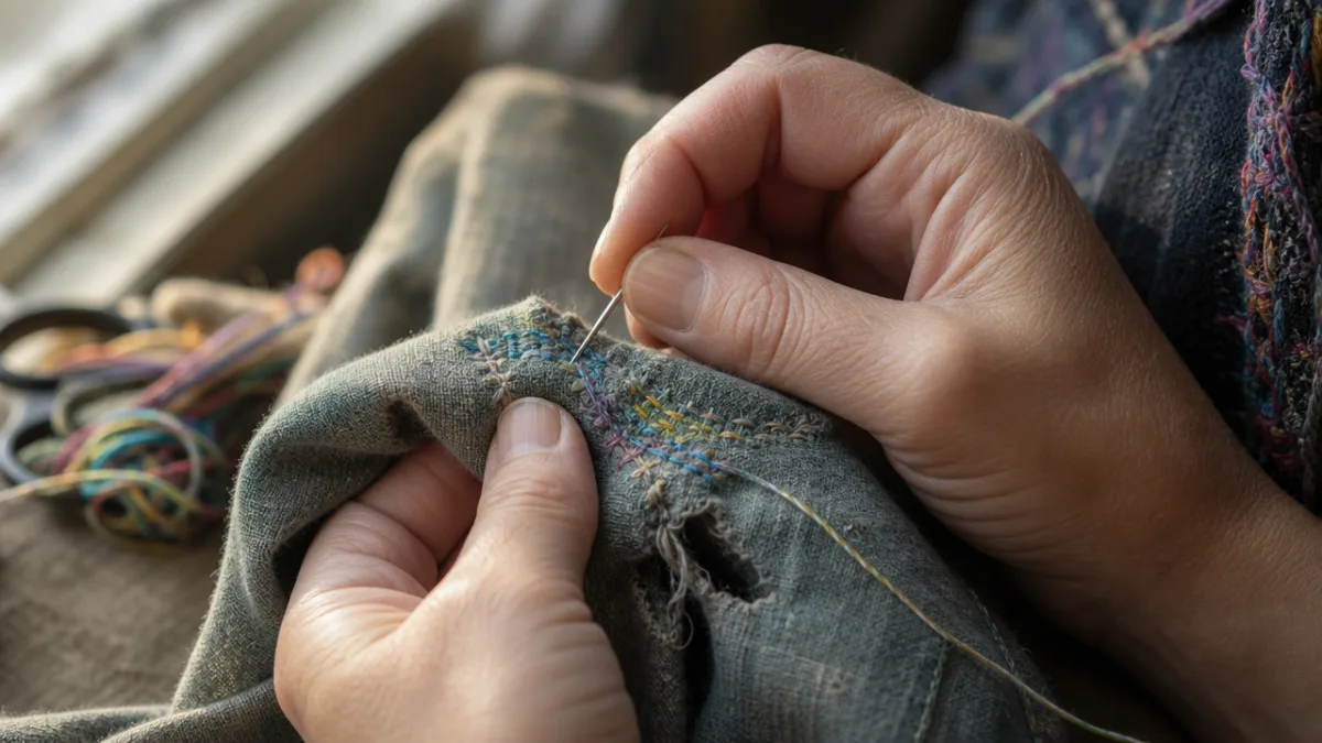 hands carefully mending a worn garment with colorful thread, close-up detail, soft…