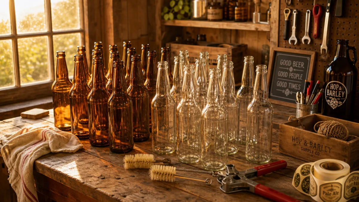 a rustic wooden workshop table covered with clean glass beer bottles, warm…