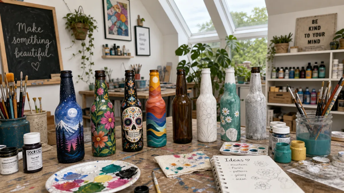 a bright craft studio workspace with artfully painted beer bottles in various…