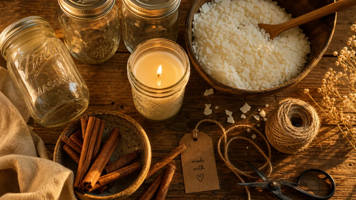 a warm flat lay of glass mason jars, cinnamon sticks, twine, and…