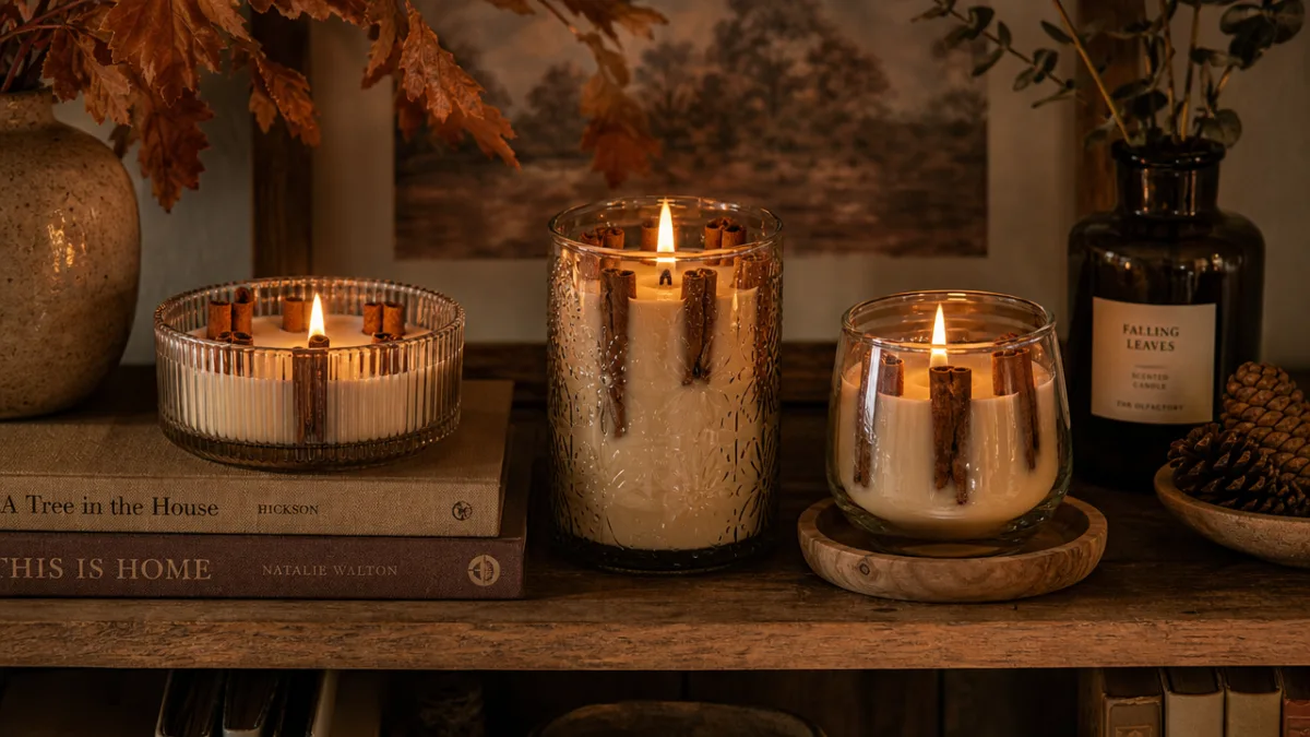 a styled vignette of three cinnamon stick candles in different glass vessels…