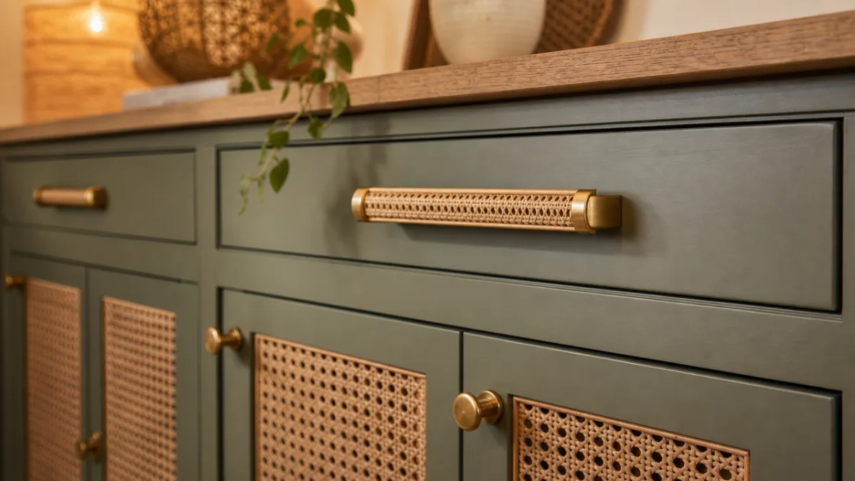 a close-up of boho kitchen cabinet hardware with brass pulls, rattan inserts…