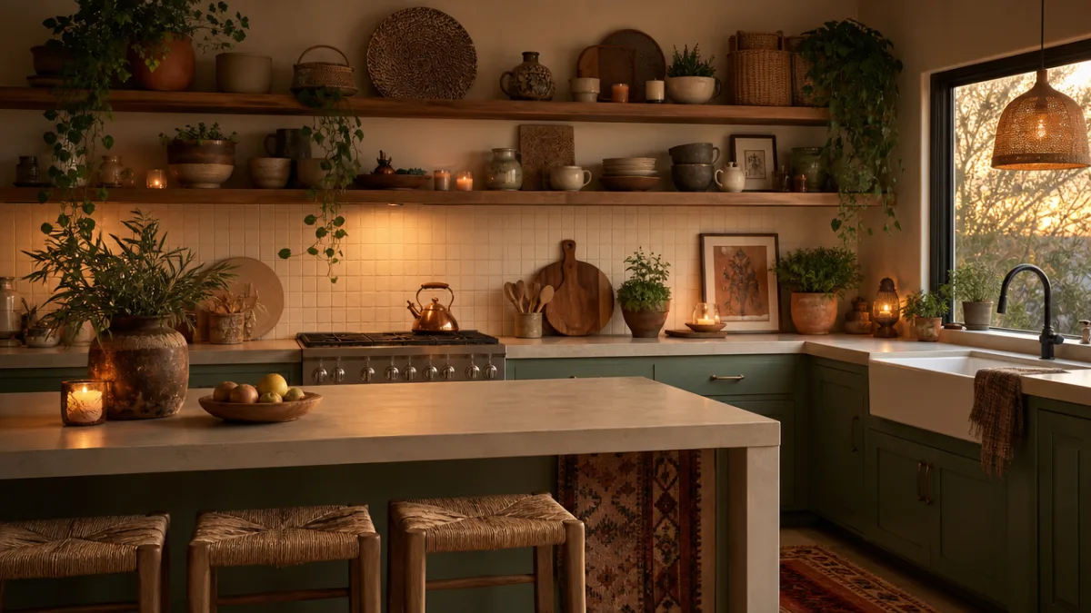 a styled boho kitchen with open shelves displaying ceramics, woven baskets and…