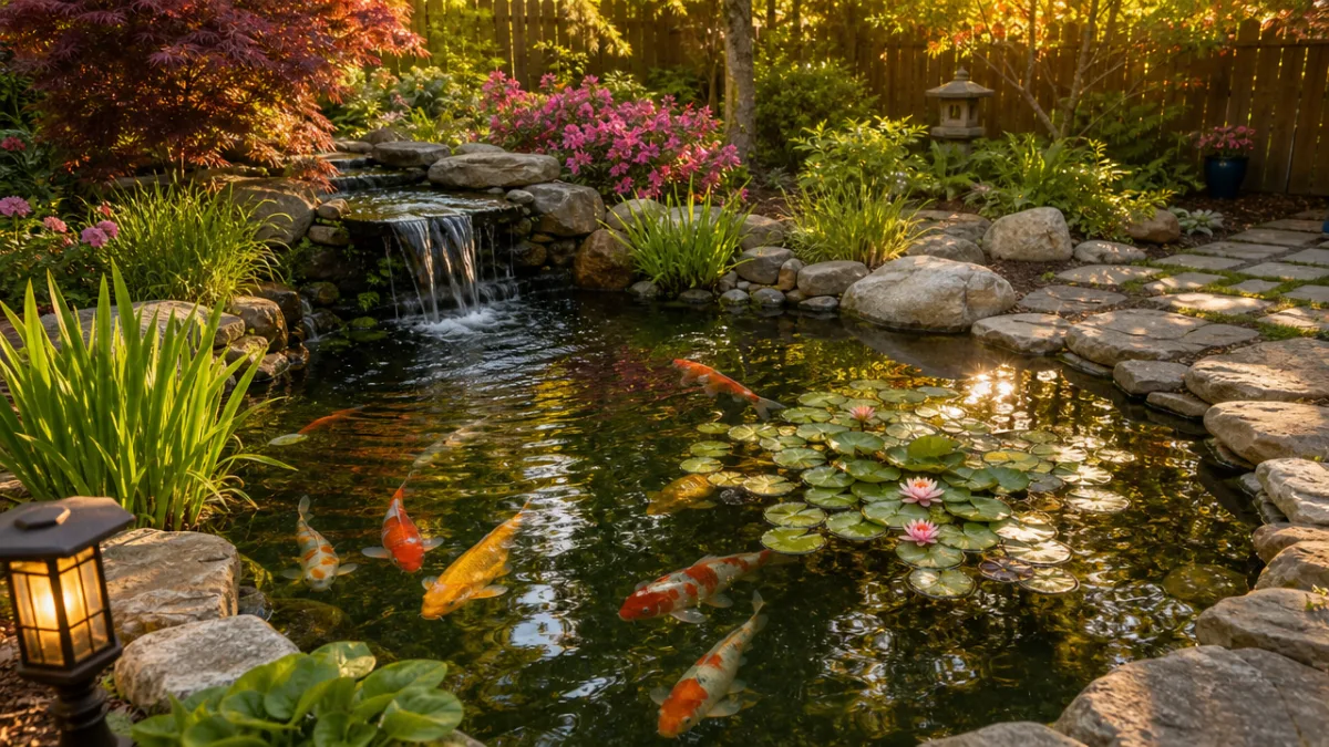 a lush backyard garden pond with koi fish, lily pads, and stone…
