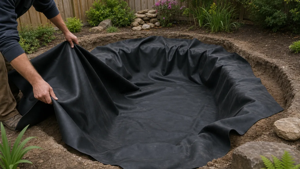hands carefully laying a black rubber pond liner into a freshly excavated…