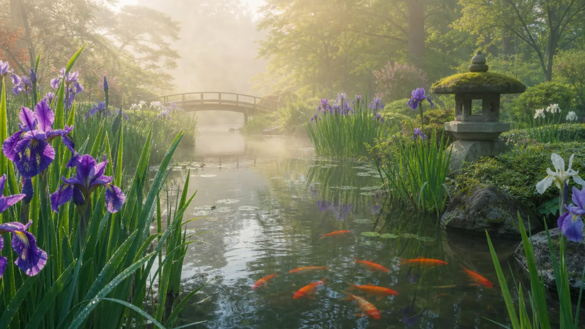 a peaceful garden pond surrounded by iris flowers and rushes, with goldfish…