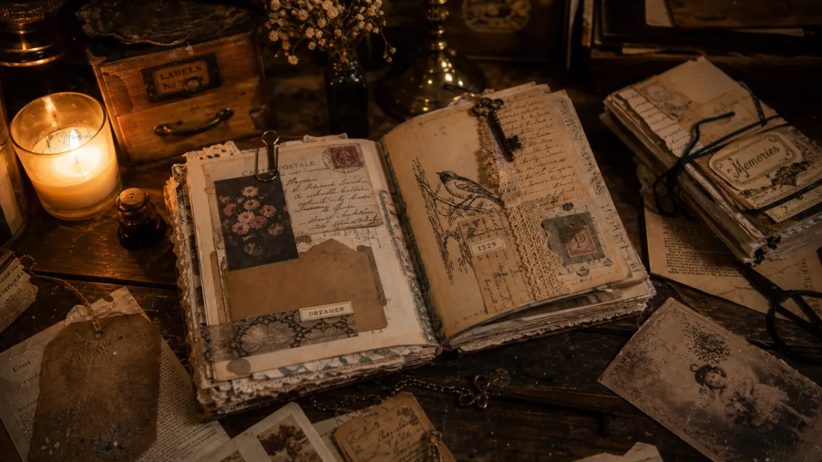 a rustic wooden desk scattered with vintage ephemera, torn paper, and open…