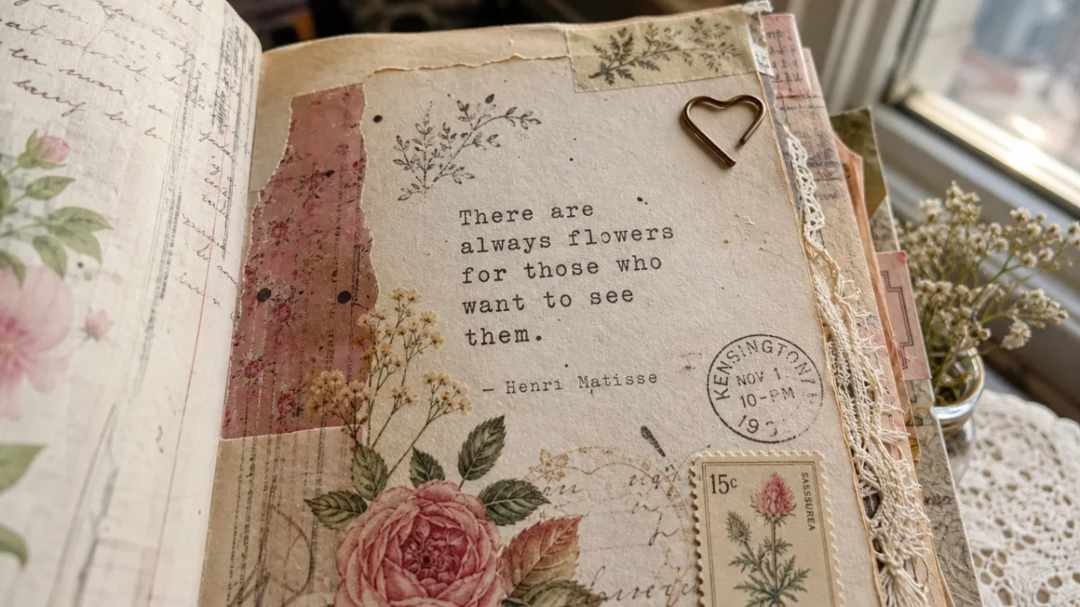 a close-up of a handcrafted journal page with stamped quote, vintage florals,…