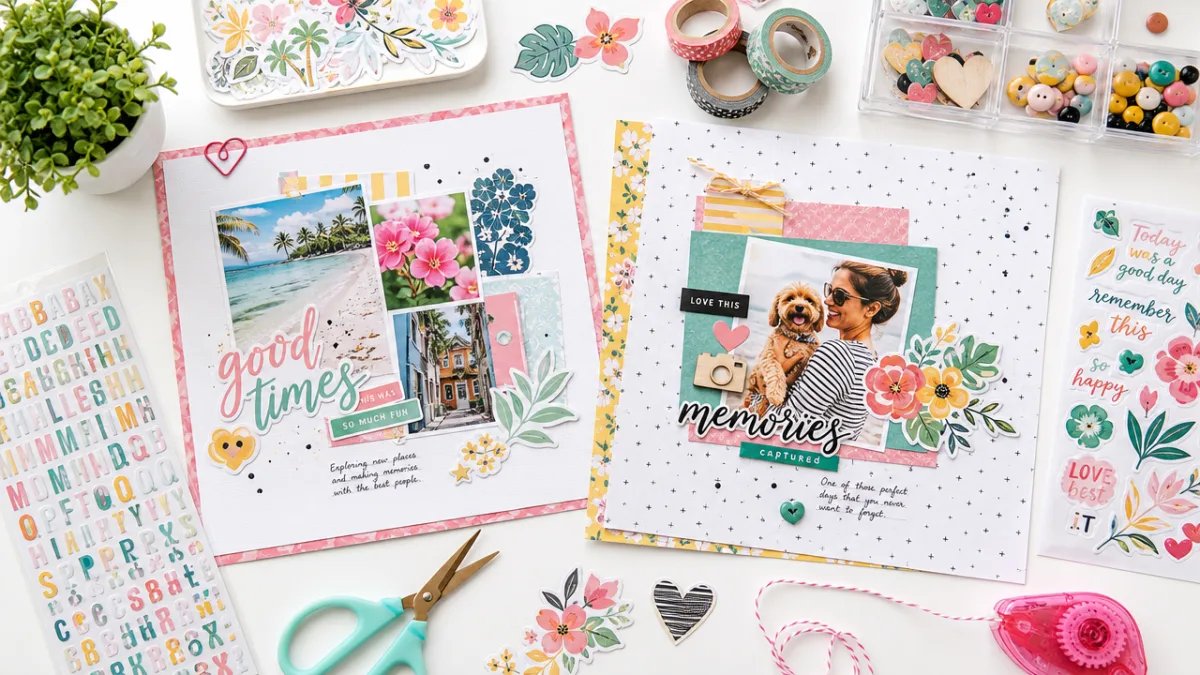 a flat lay of colorful scrapbook layouts, washi tape, and embellishments on…