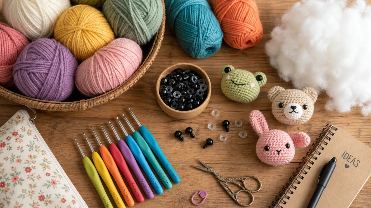 a flat lay of colorful yarn skeins, crochet hooks, safety eyes, and…