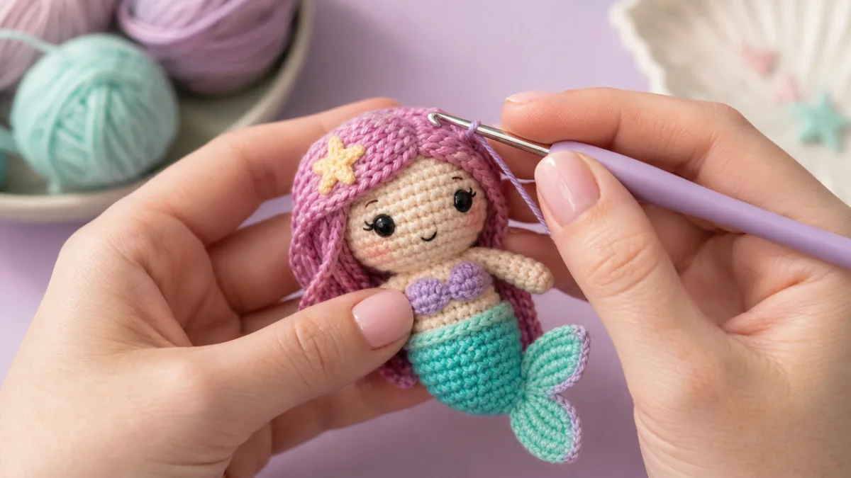 close-up of hands crocheting a small colorful amigurumi mermaid figure, soft studio…