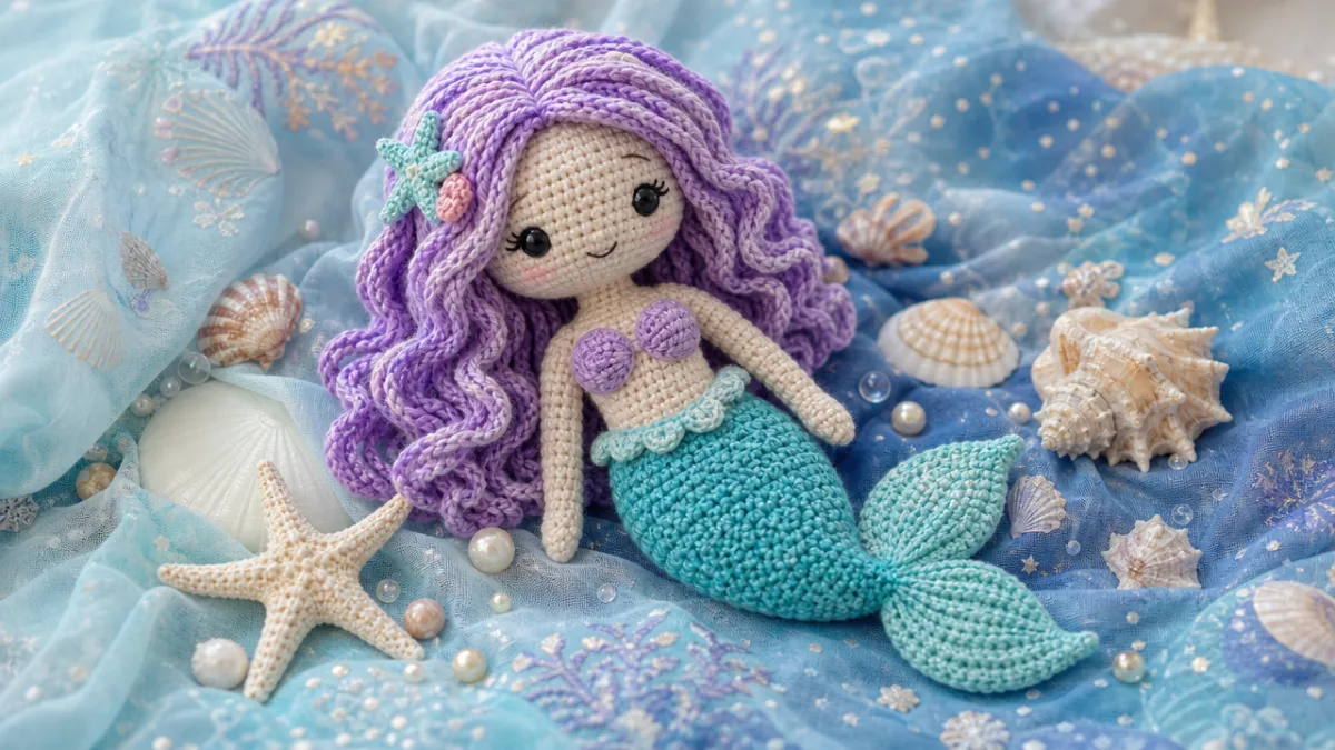 a finished amigurumi mermaid doll displayed on ocean-themed fabric with seashells, soft…