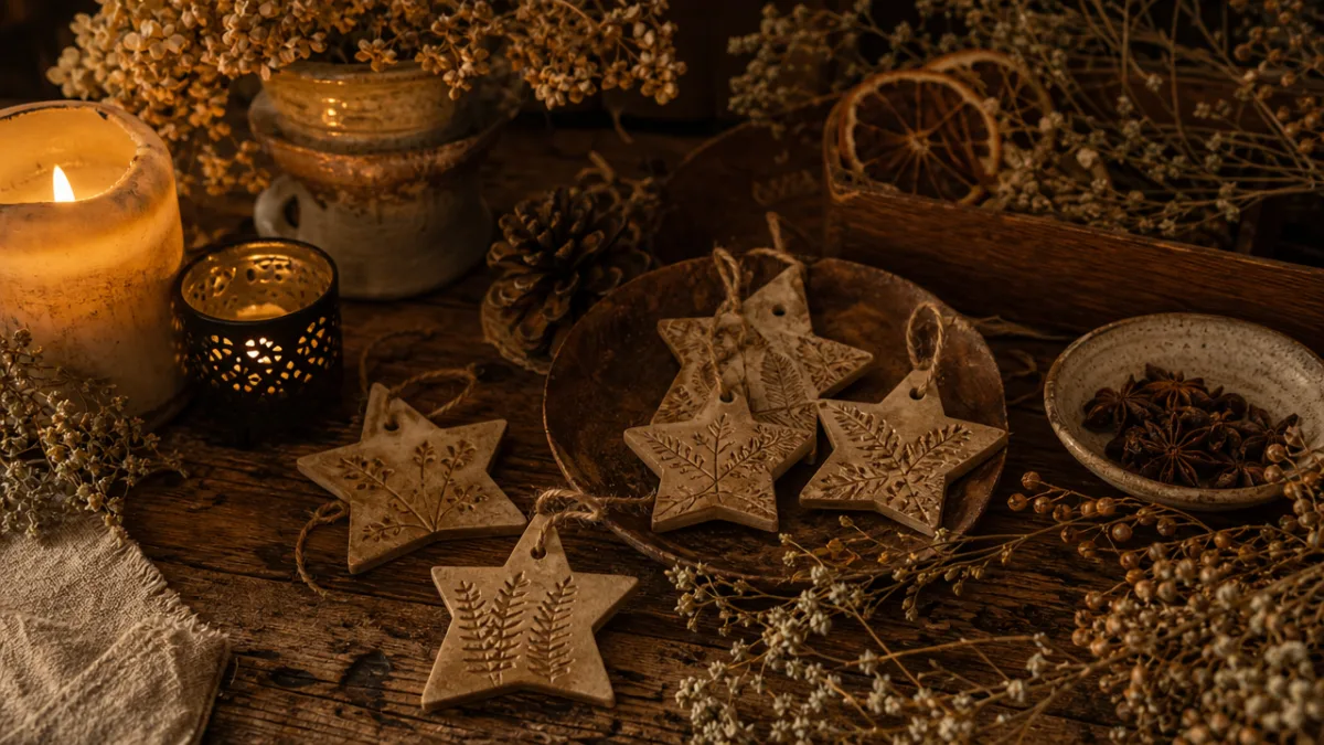 a rustic wooden table with handmade star ornaments, dried botanicals, and candlelight…