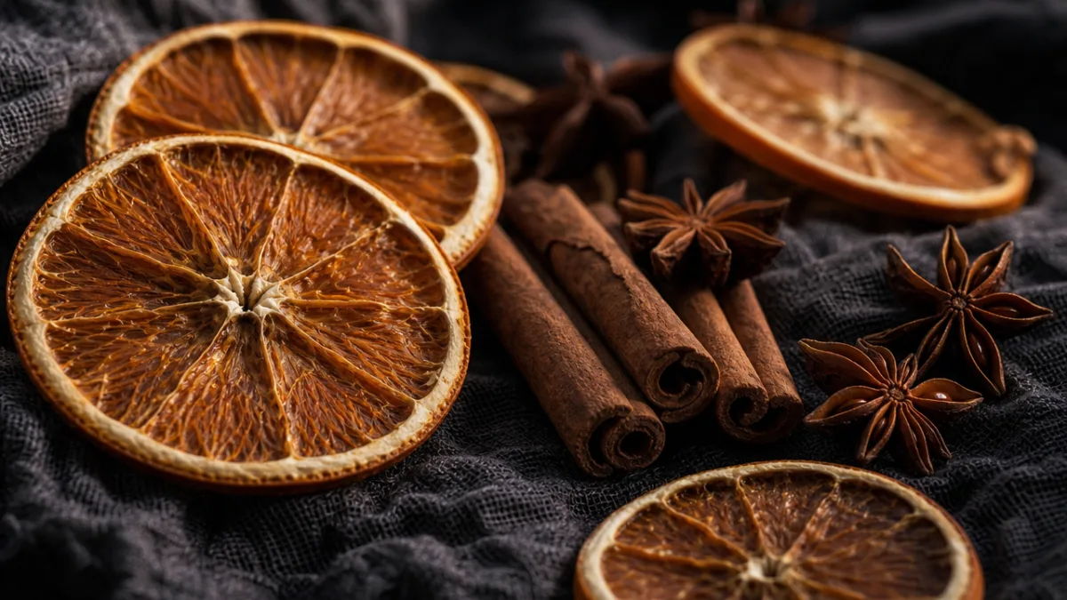 close-up of dried orange slices, cinnamon sticks, and star anise arranged on…