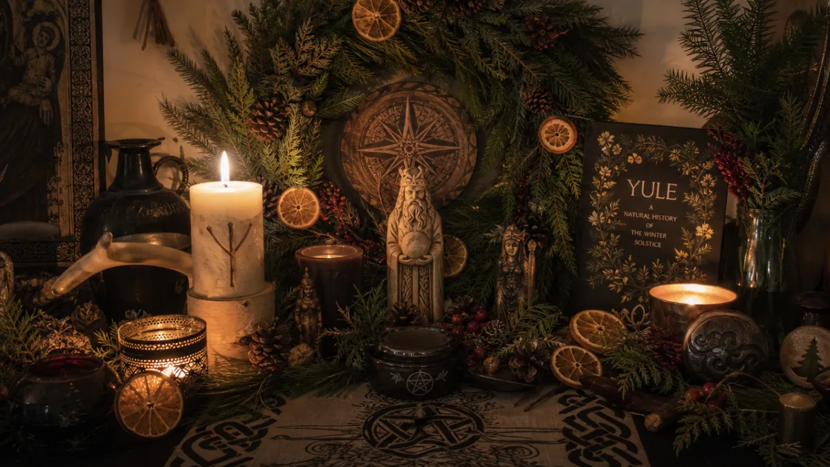 a cozy home altar with Yule ornaments, candles, dried oranges, and evergreen…