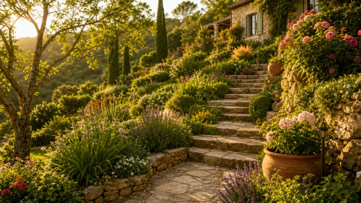 a lush sloping garden with stone steps winding through green terraces, warm…