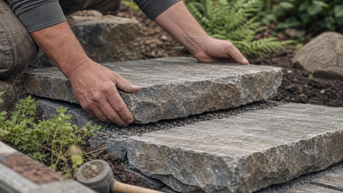 close-up of hands laying natural stone steps in a garden, overcast soft…