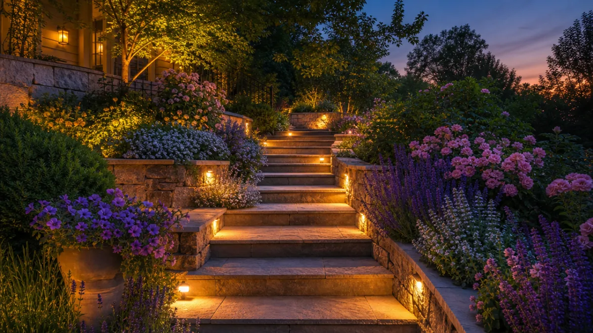 a beautifully maintained garden stairway lined with flowering plants at dusk, warm…