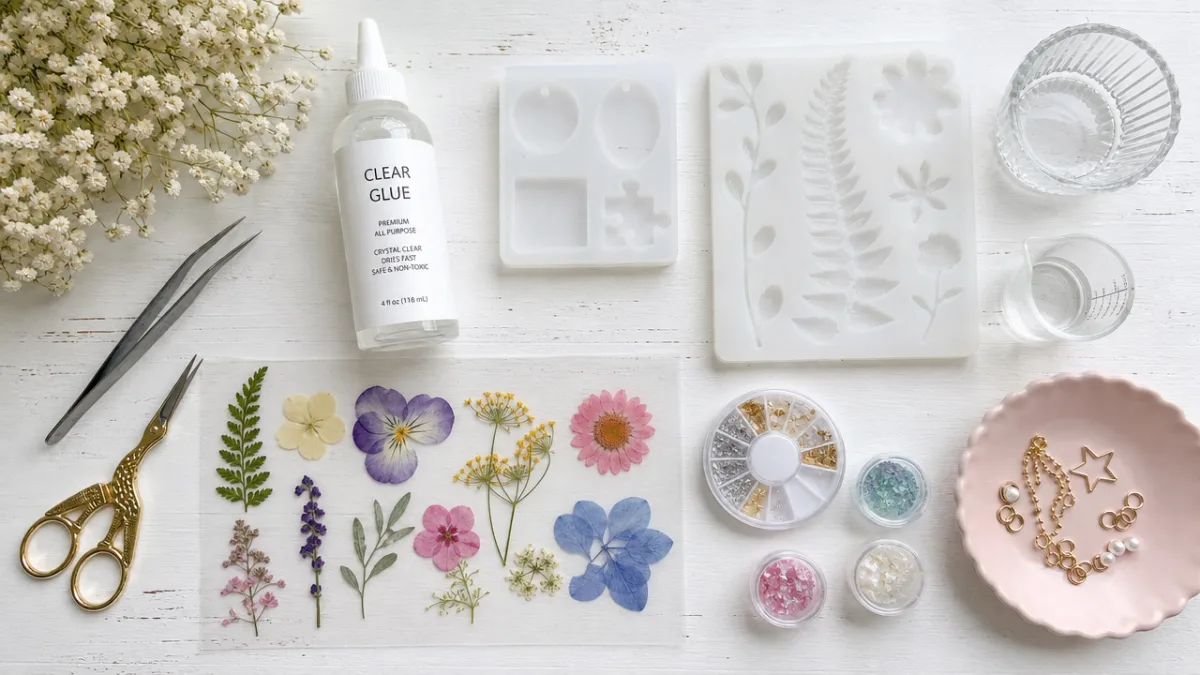 flat lay of craft supplies including clear glue, pressed flowers, and silicone…