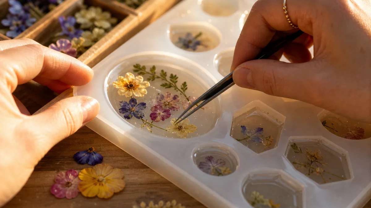 hands carefully placing pressed flowers into a silicone mold filled with clear…