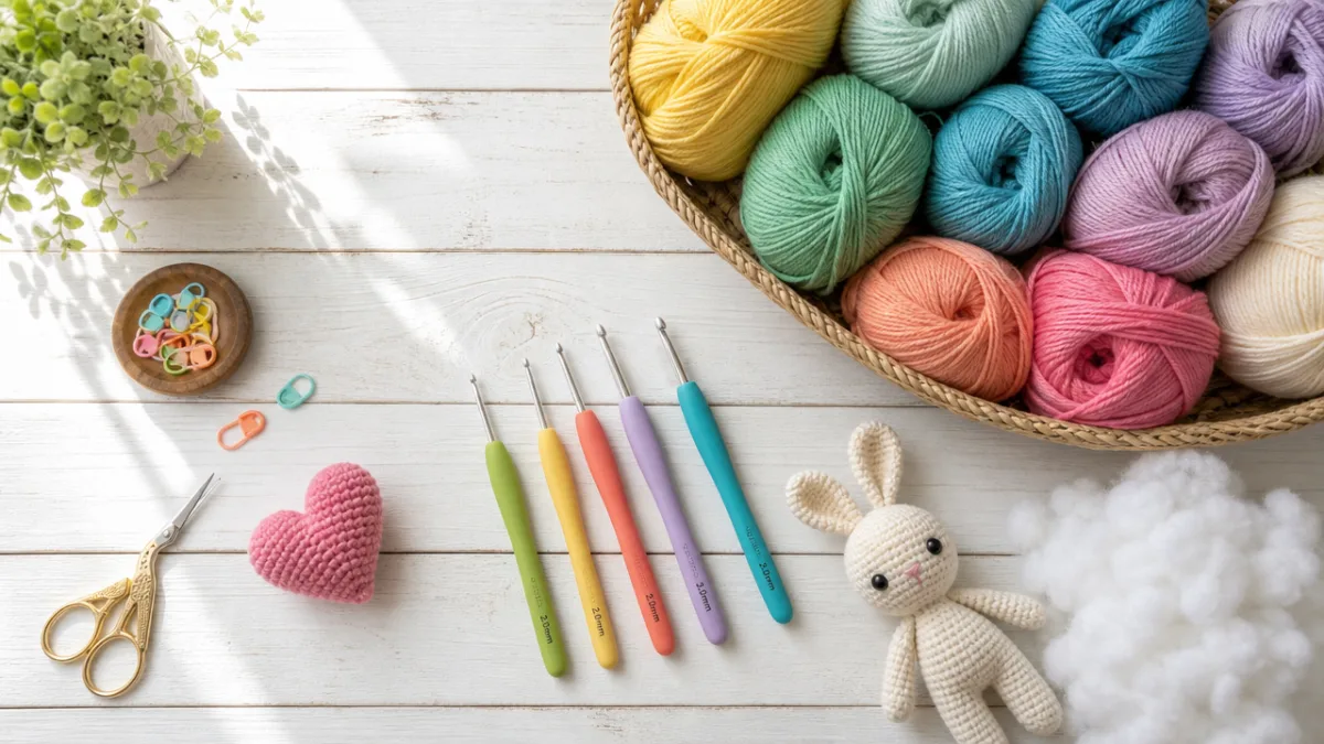 a flat lay of colorful yarn skeins, crochet hooks, and stuffing on…