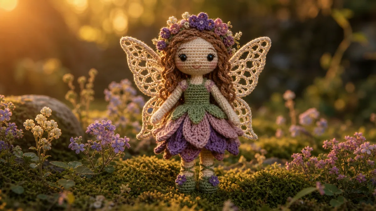a finished crocheted fairy doll with wings displayed on a mossy surface…