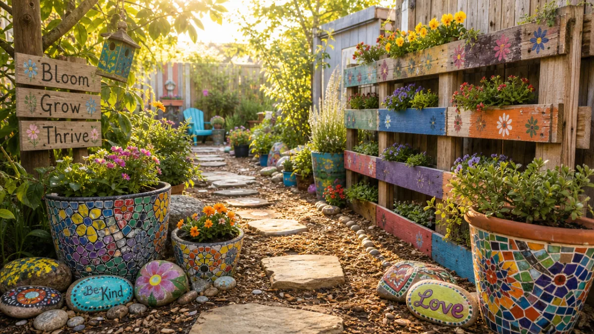 a sunlit garden with painted stones, colorful mosaic pots, and wooden pallet…