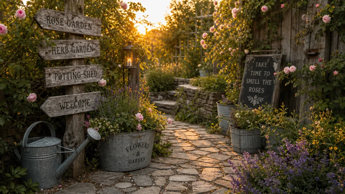 a rustic garden corner with stone pathways, weathered wooden signs, galvanized metal…
