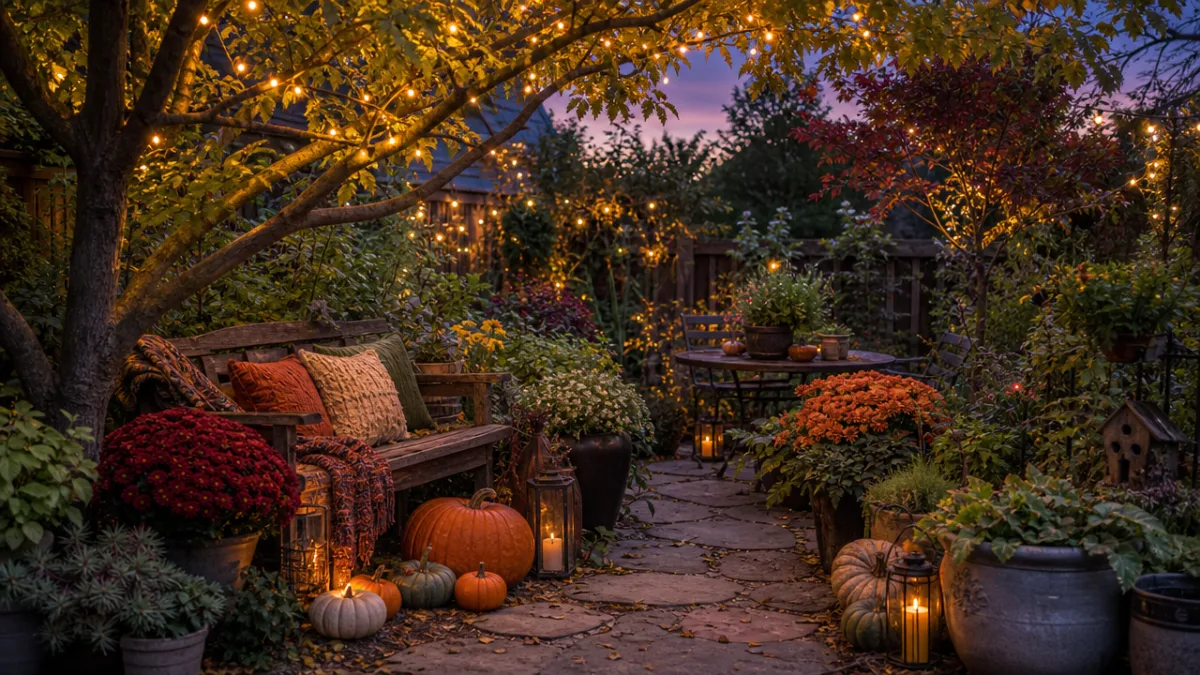a lush seasonal garden with autumn pumpkins, fairy lights in tree branches,…