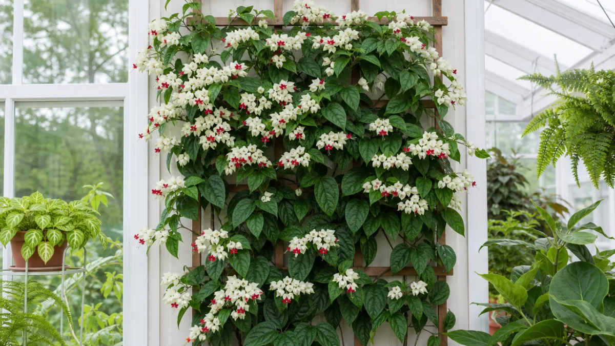 a healthy Clerodendrum thomsoniae trained on a trellis in a bright conservatory,…