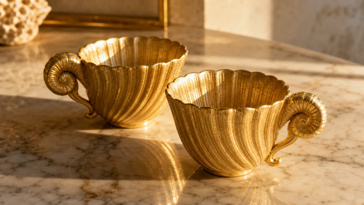 two gold seashell-textured cups arranged on a marble surface, warm golden hour…