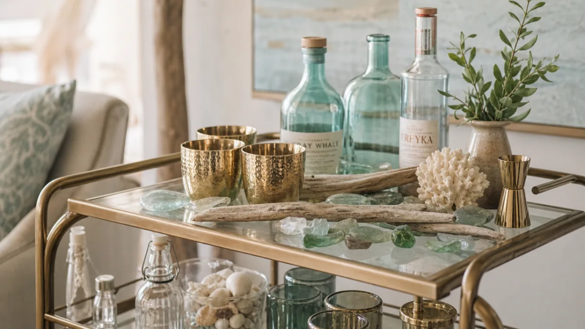 styled coastal home bar cart with gold cups, sea glass accents and…
