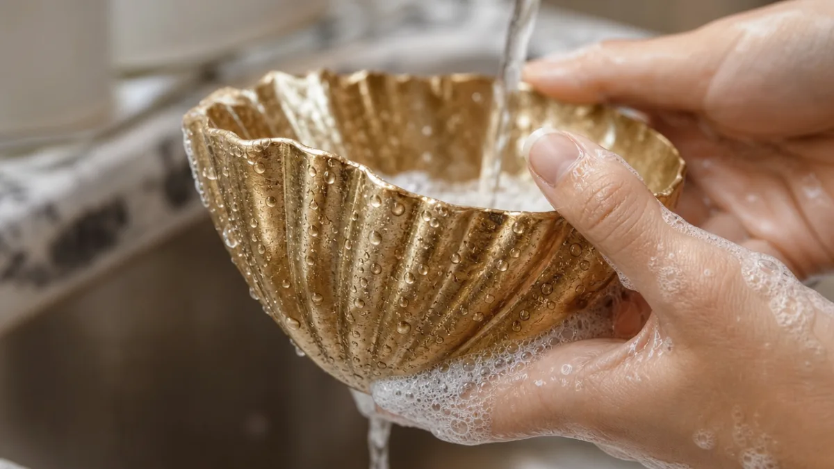 close-up of gold seashell cup being hand-washed, soft natural light, delicate water…