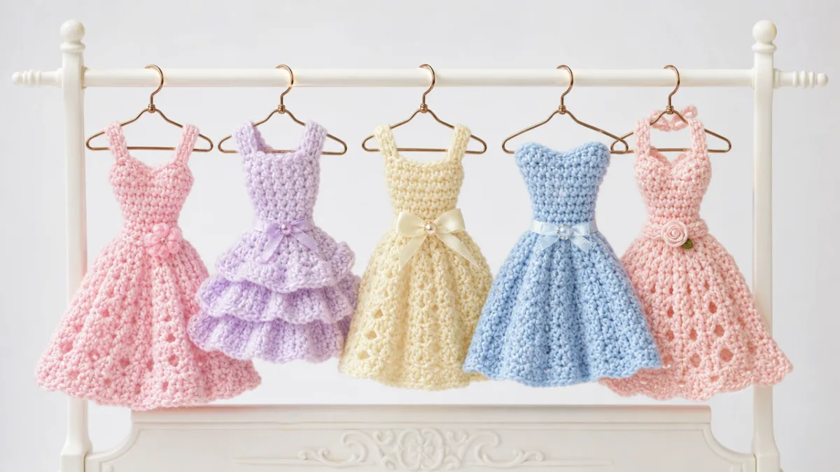 tiny crocheted Barbie dresses in pastel colors displayed on miniature hangers against…