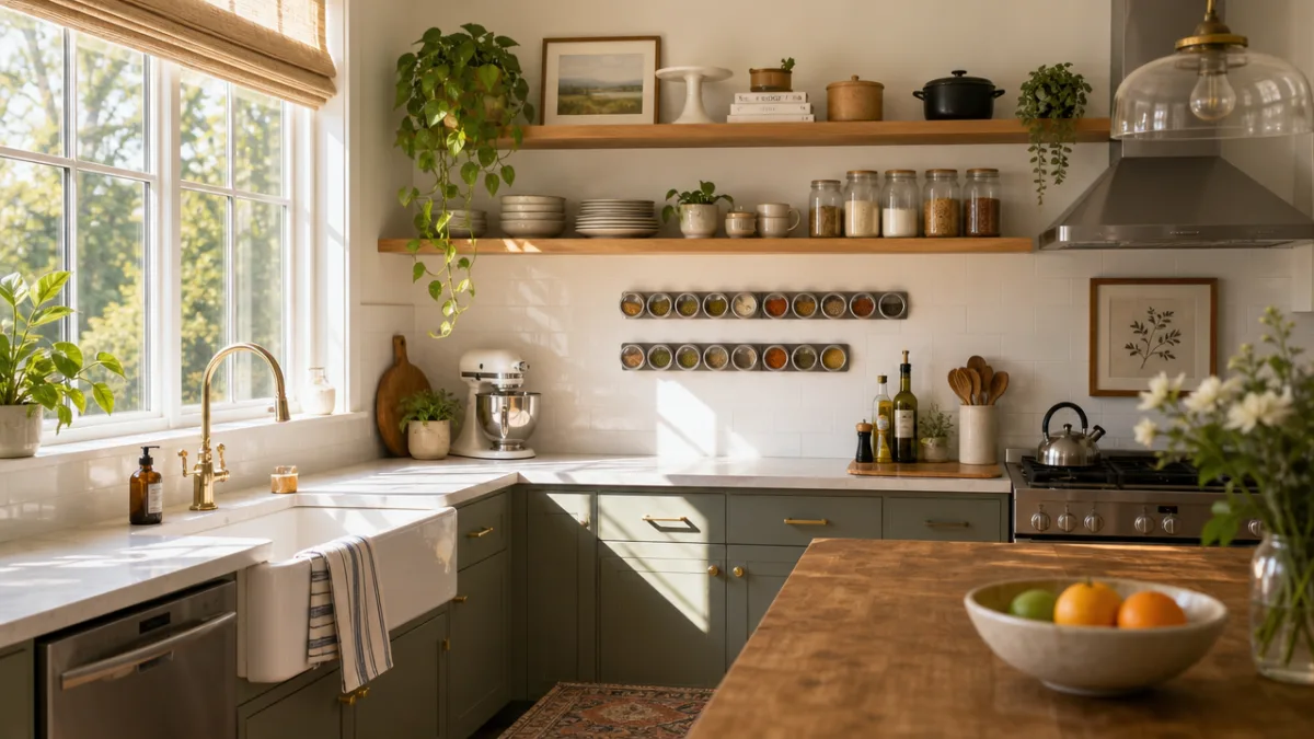 a bright organized kitchen with open shelving, magnetic spice strips, and warm…